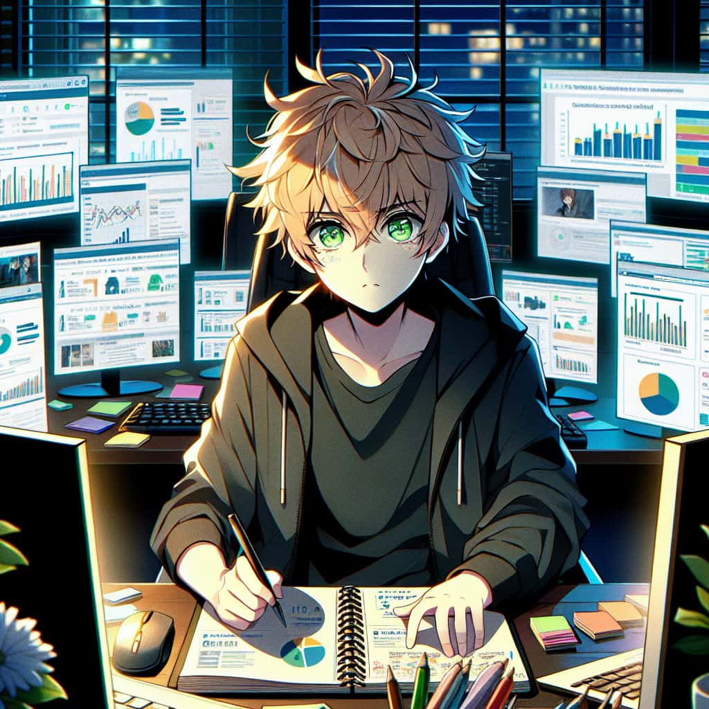 imagine in anime seraph of the end like look showing an anime boy with messy blond hair and green eyes working in entwicklung einer social media strategie fur kmus